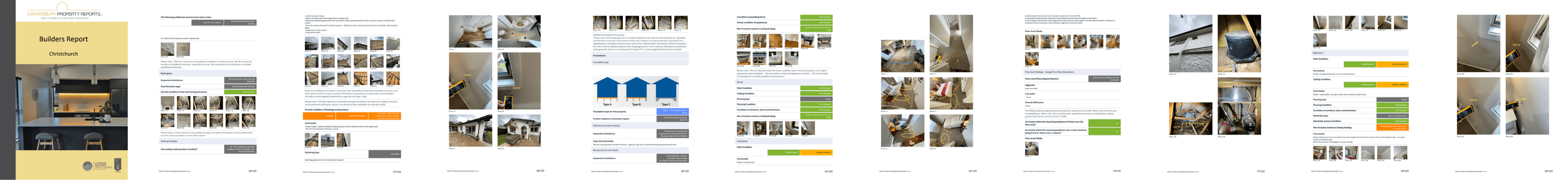 Pages from a Canterbury Property Reports building report, showing the cover, photo documentation and colour-coded condition gradings